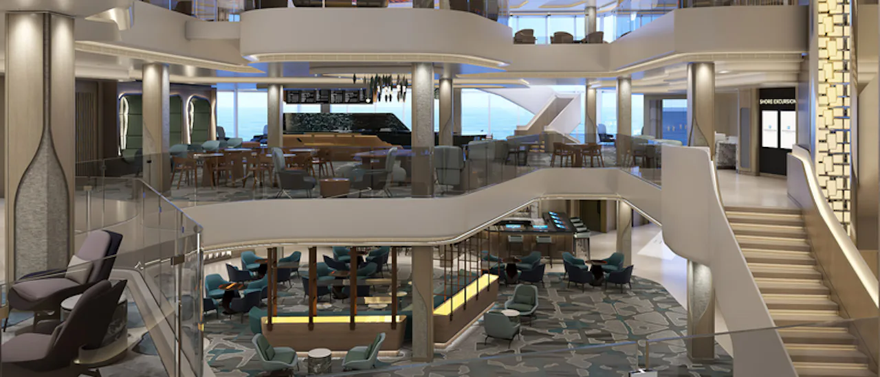 At the heart of the ship is the Penrose Atrium, a three-deck-high space that serves as a gateway to its many restaurants and bars. Designed by Miami-based Studio Dado