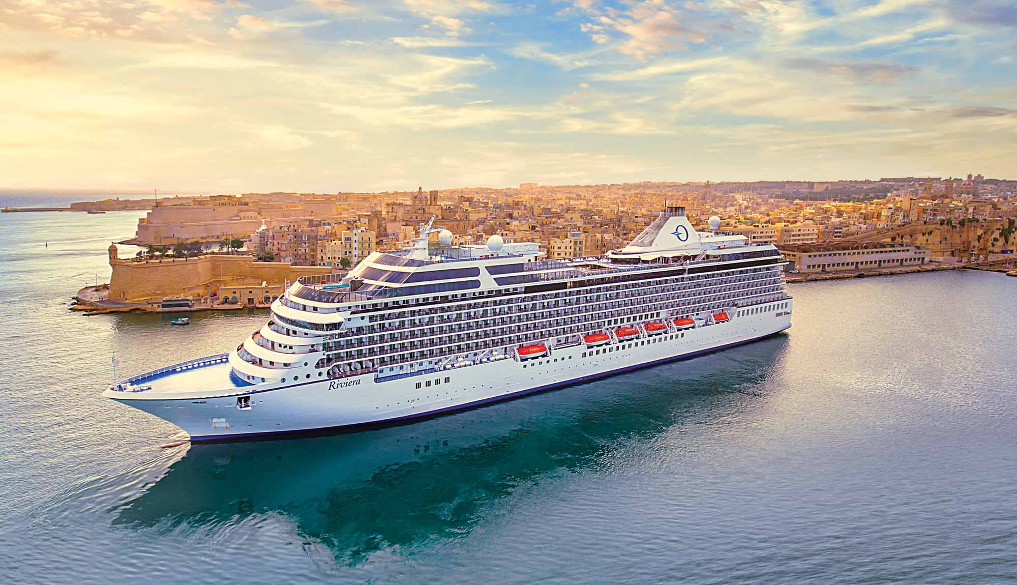 Oceania Riviera cruise ship leaving Valletta, Malta