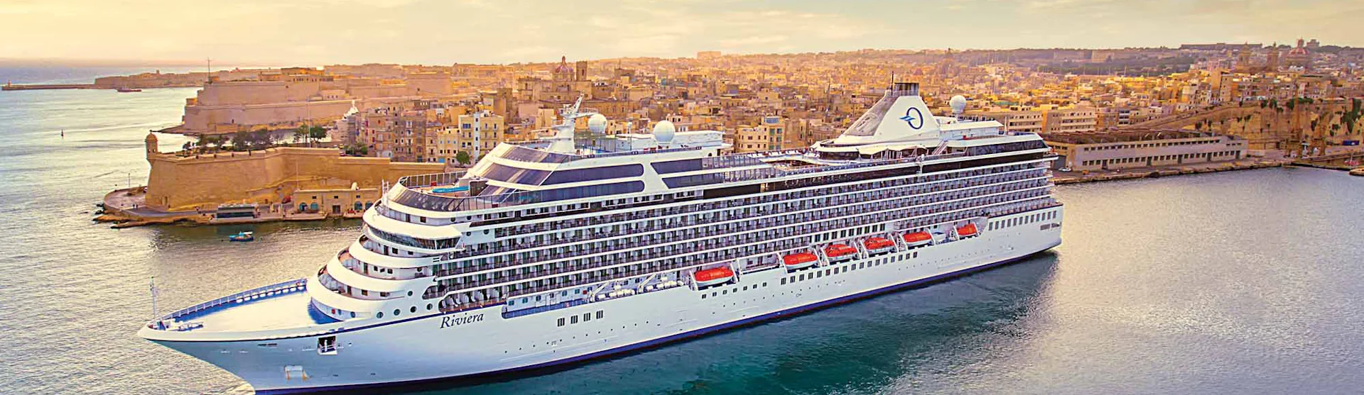 Oceania Riviera cruise ship leaving Valletta, Malta