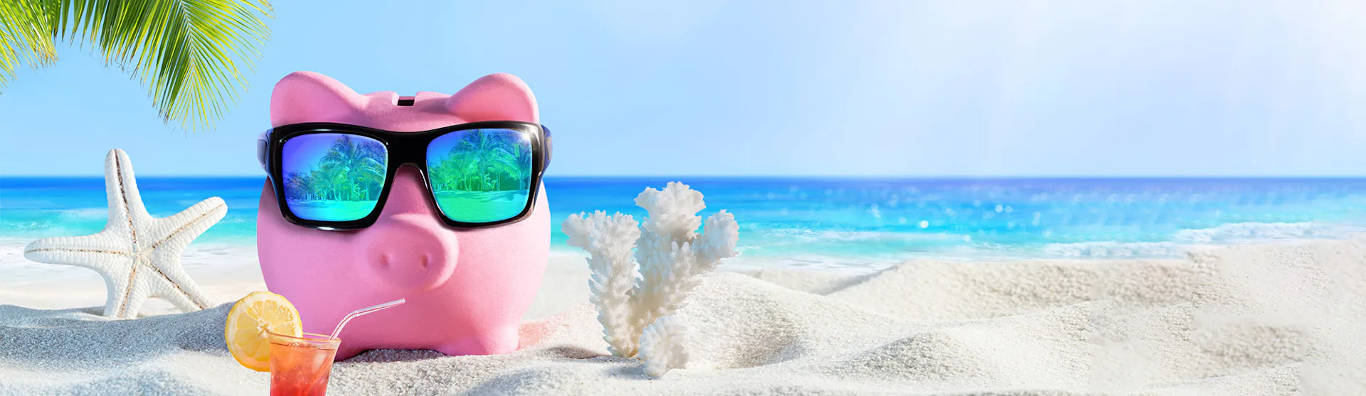 Piggy bank wearing sunglasses sipping on a cocktail at the beach, feeling smug because they found a cheap cruise deal at Southampton Cruise Centre