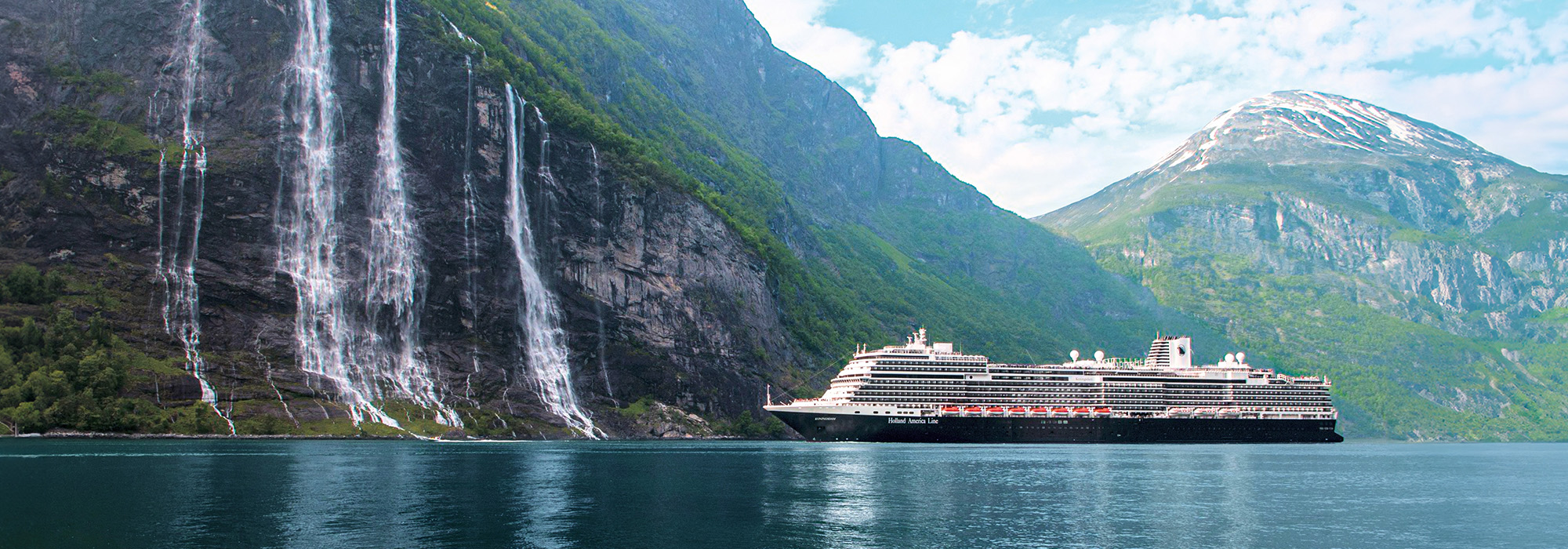 Holland America Koningsdam cruise ship in Geirangerfjord Norwegian Fjords