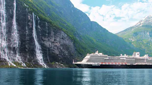 Holland America Koningsdam cruise ship in Geirangerfjord Norwegian Fjords