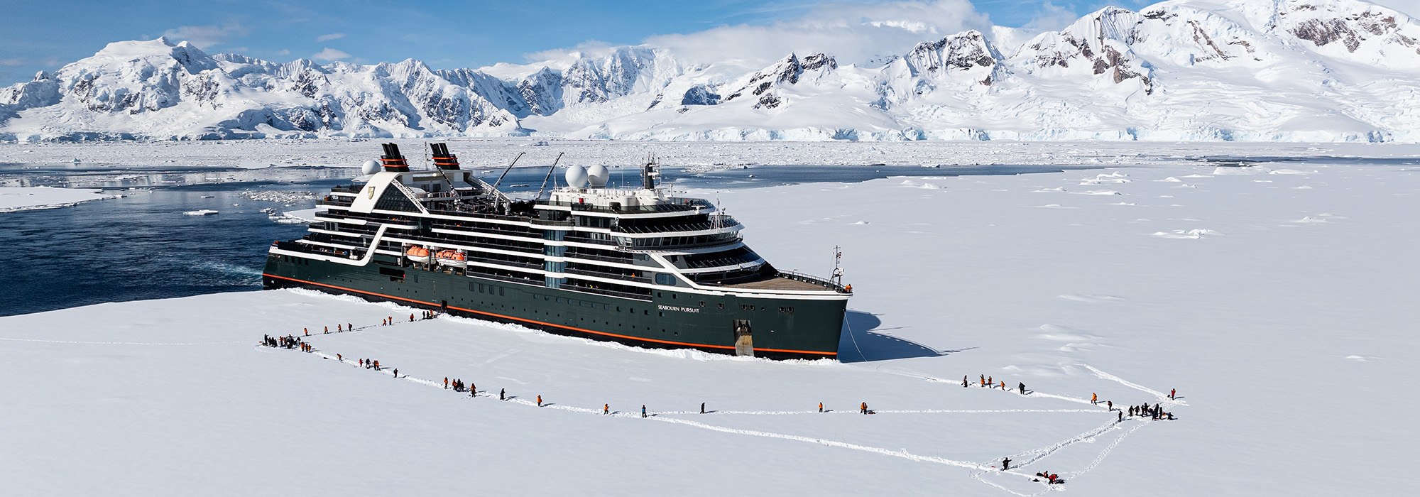 Seabourn Pursuit expedition cruise ship performing an ice landing in Antarctica