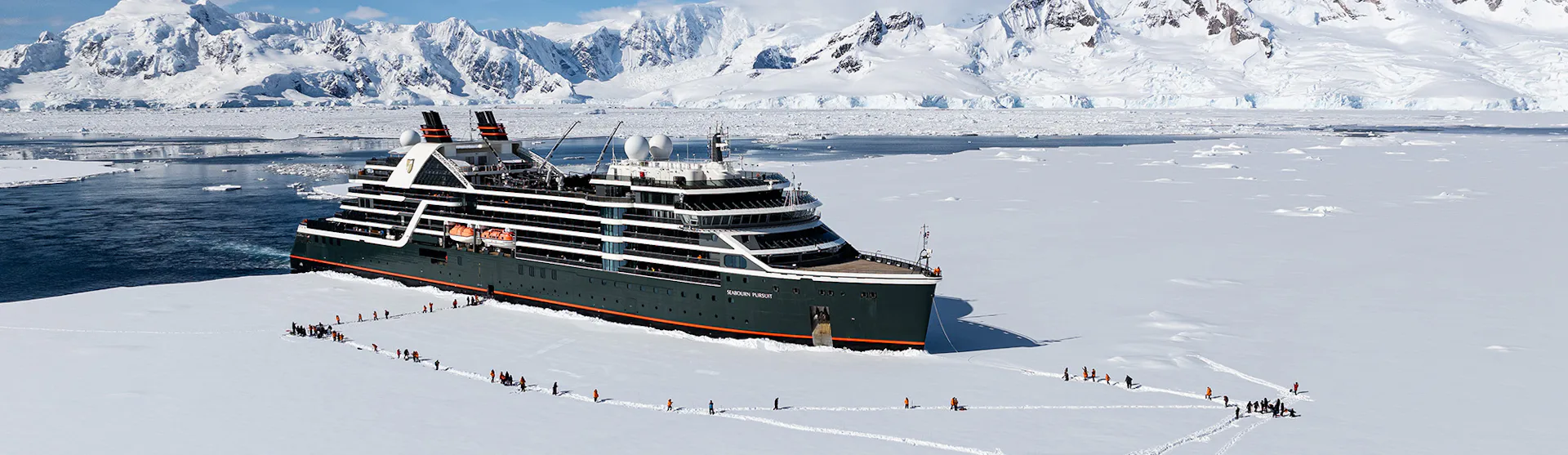 Seabourn Pursuit expedition cruise ship performing an ice landing in Antarctica