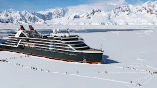 Seabourn Pursuit expedition cruise ship performing an ice landing in Antarctica