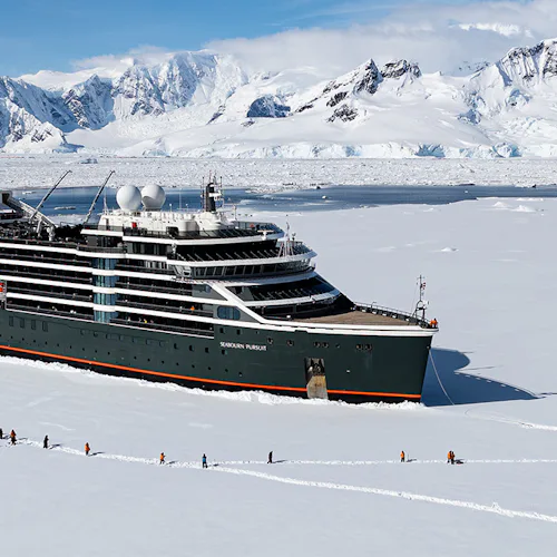 Seabourn Pursuit expedition cruise ship performing an ice landing in Antarctica