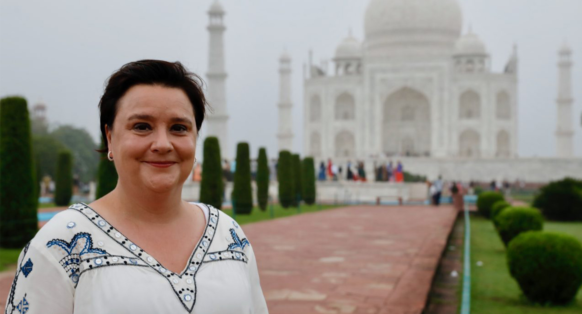 Susan Calman in India at the Taj Mahal, with Uniworld