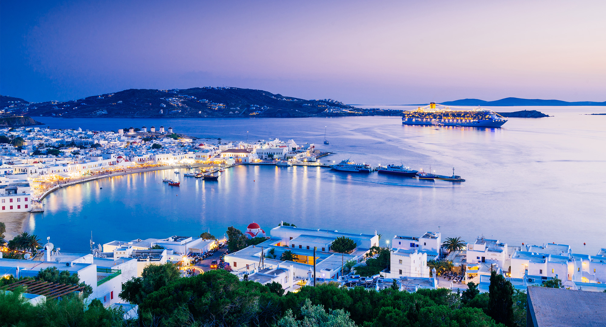 One of Mykonos' harbours in the evening