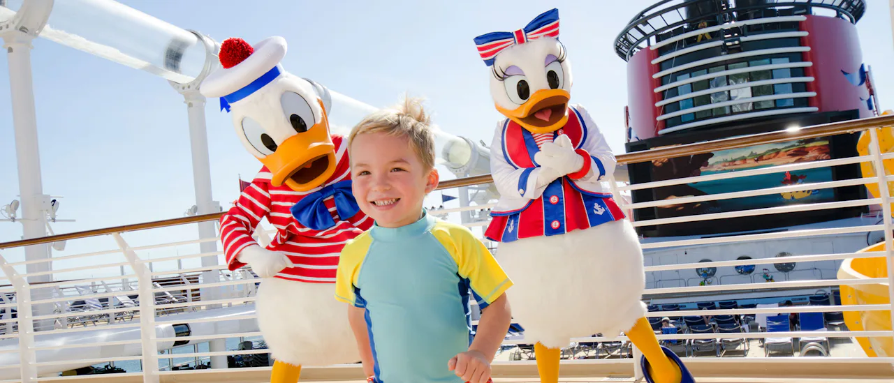 Donald and Daisy duck with child on deck