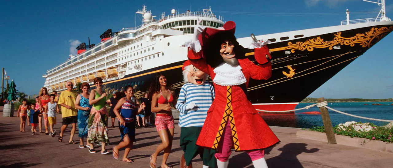 Captain Hook and Smee alongside Disney Wonder