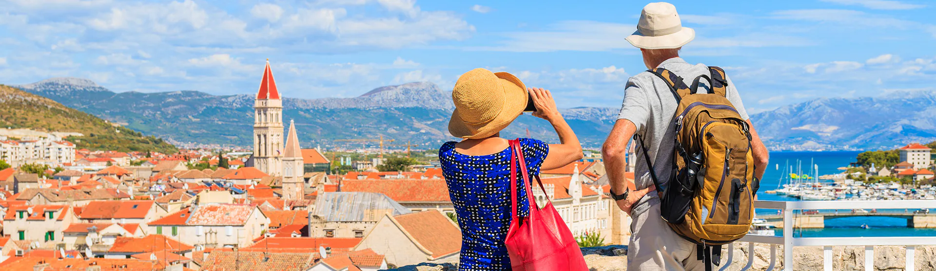 Tourists looking out over town in Croatia