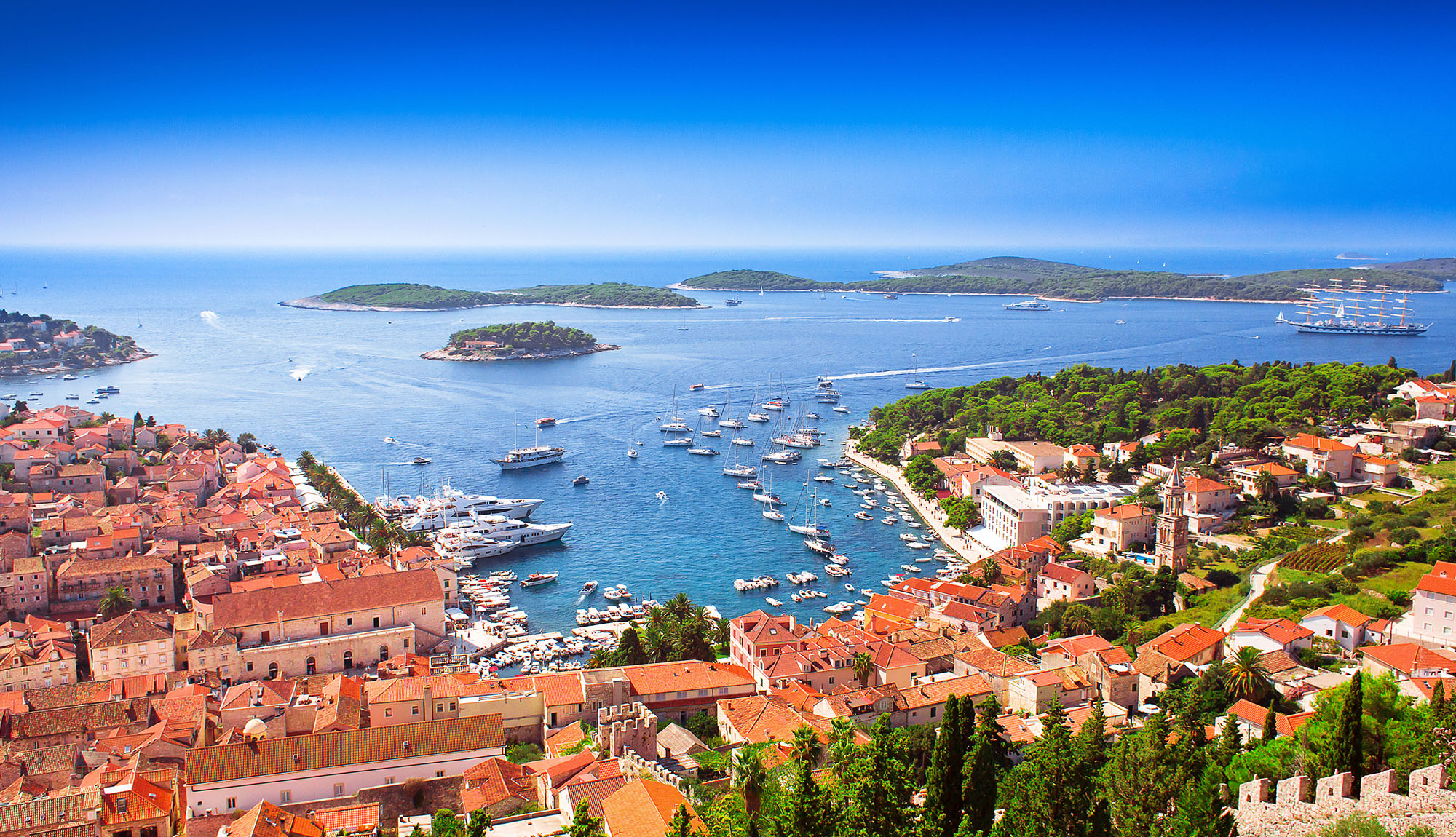 Overlooking a bay in Hvar, and out to smaller Croatian islands