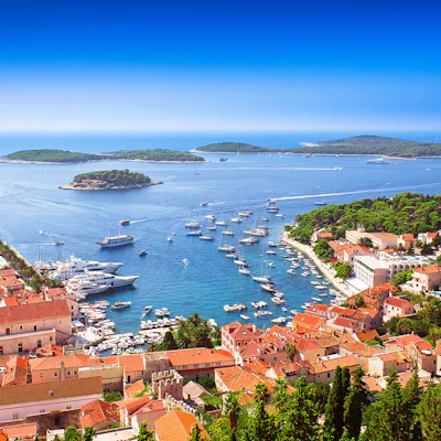 Overlooking a bay in Hvar, and out to smaller Croatian islands
