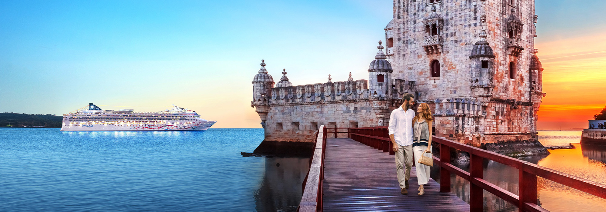 NCL ship at Lisbon with couple strolling from Belem Tower