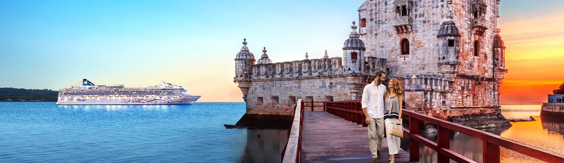 NCL ship at Lisbon with couple strolling from Belem Tower