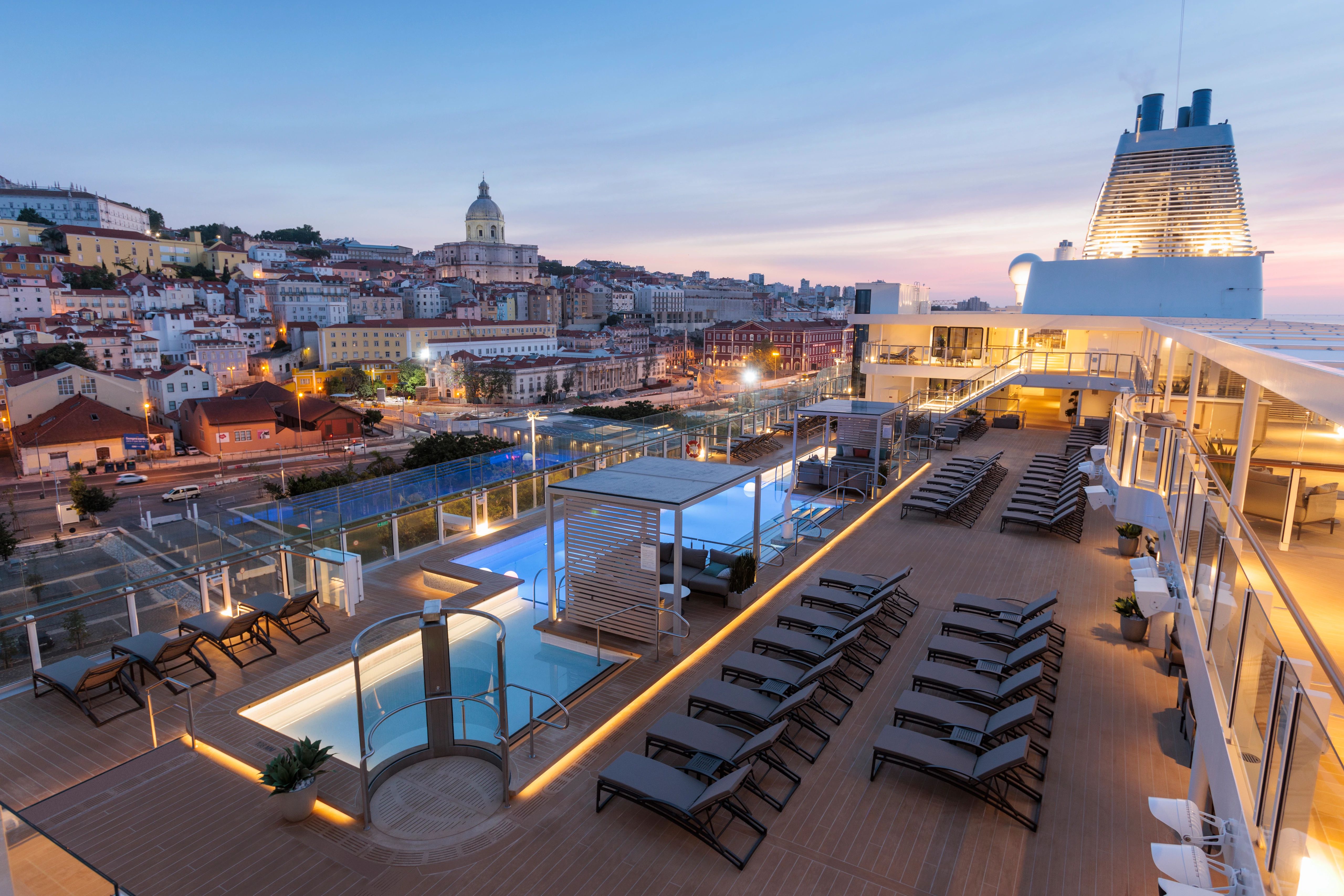 Silver Ray Pool Deck during the evening whilst docked in Lisbon, Portugal